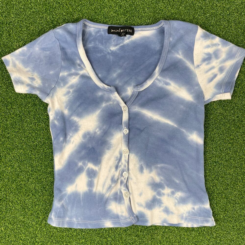 Social Scene Blue White Tie Dye Button Front Crop Baby Top Sz XS